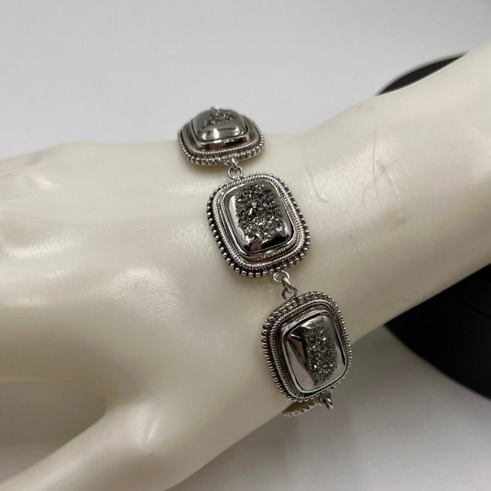 Sterling Silver INDIA PJC Black Druzy Quartz Braided Link‎ Chain Bracelet